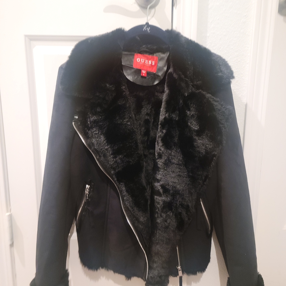 (NWOT)Guess Mavine Black Leather Jacket with Plush Lining